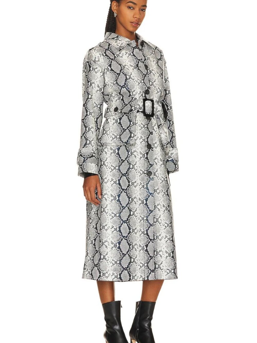 Like-New Apparis Black & White Python Snake-Print Faux Leather Trench Coat